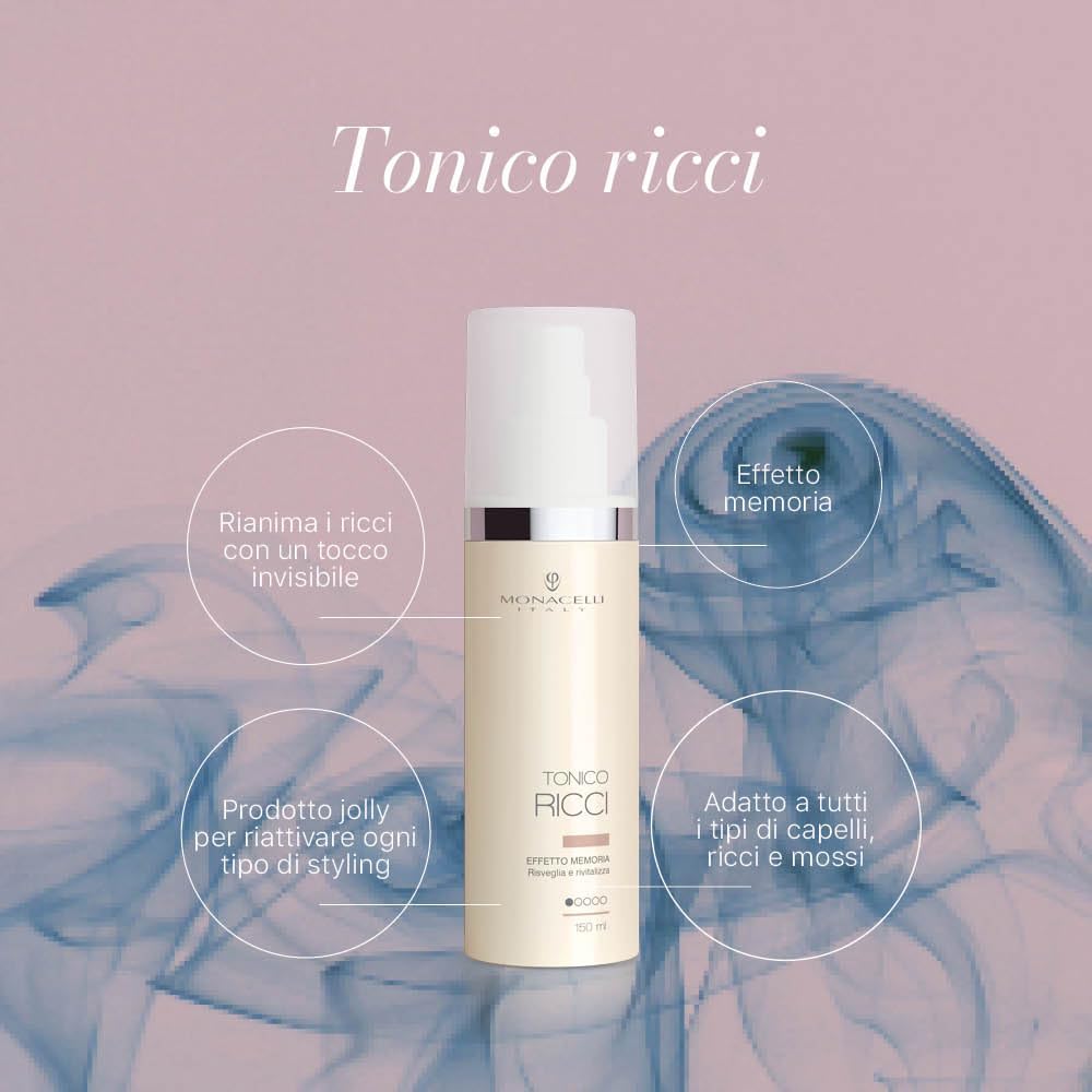 Monacelli Tonico Ricci 150ml, Effetto Memoria, risveglia e rivitalizza i capelli, lozione rivitalizzante per capelli ricci, con effetto idratante, setoso e lucidante