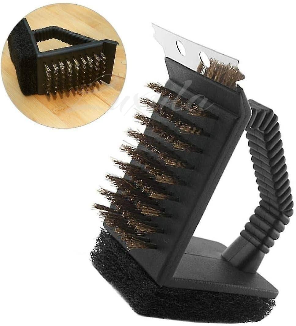 Luxula 3 in 1 Multifunctional Durable BBQ Tool Sponge Corner Steel Wire and Scraper Barbecue Grill Cleaning Brush (1 Pcs-Black)