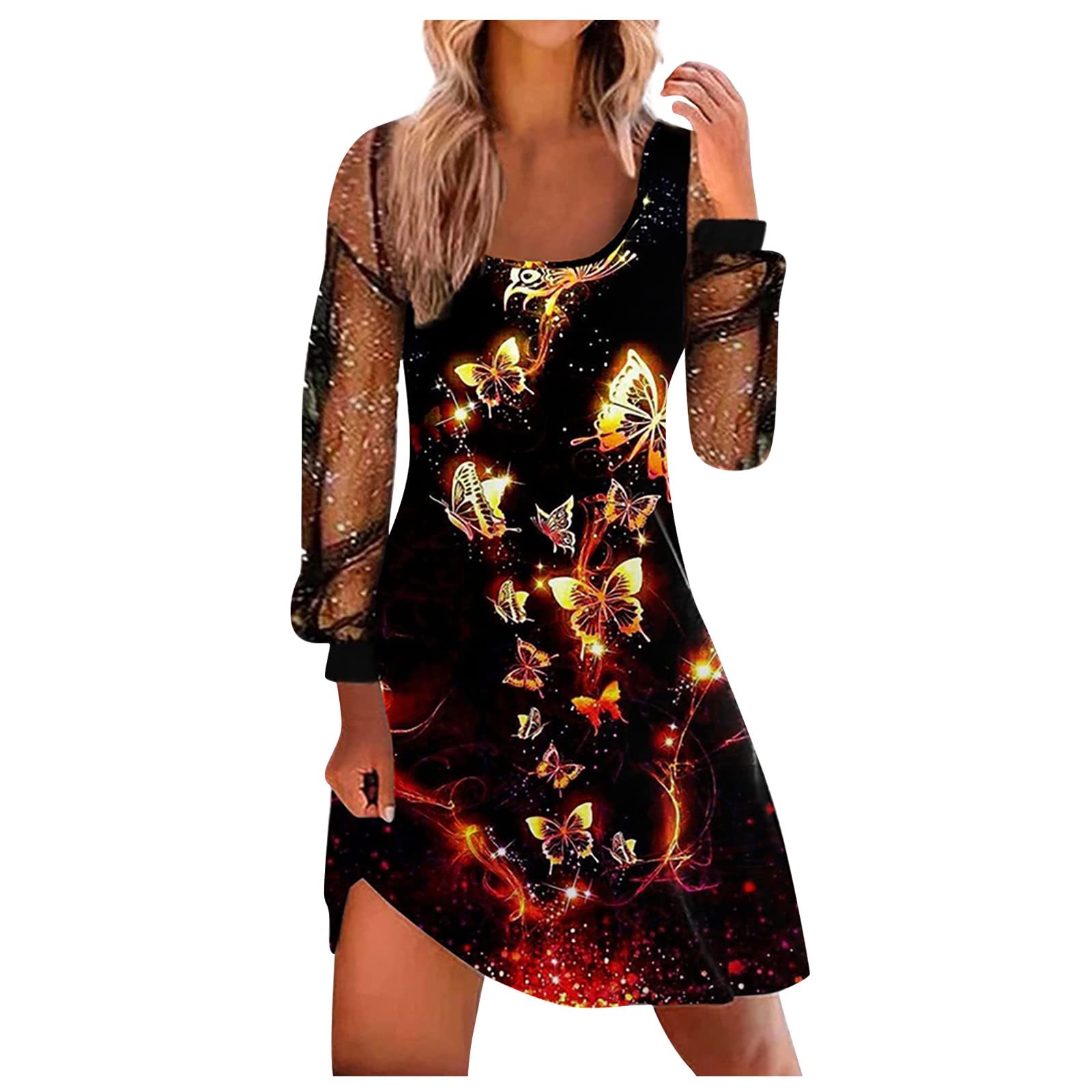 JJHAEVDY Women's Print Mesh Patchwork Long Sleeve Mini Dresses Cold Shoulder Casual Sequins V Neck Elegant Polluver Dress