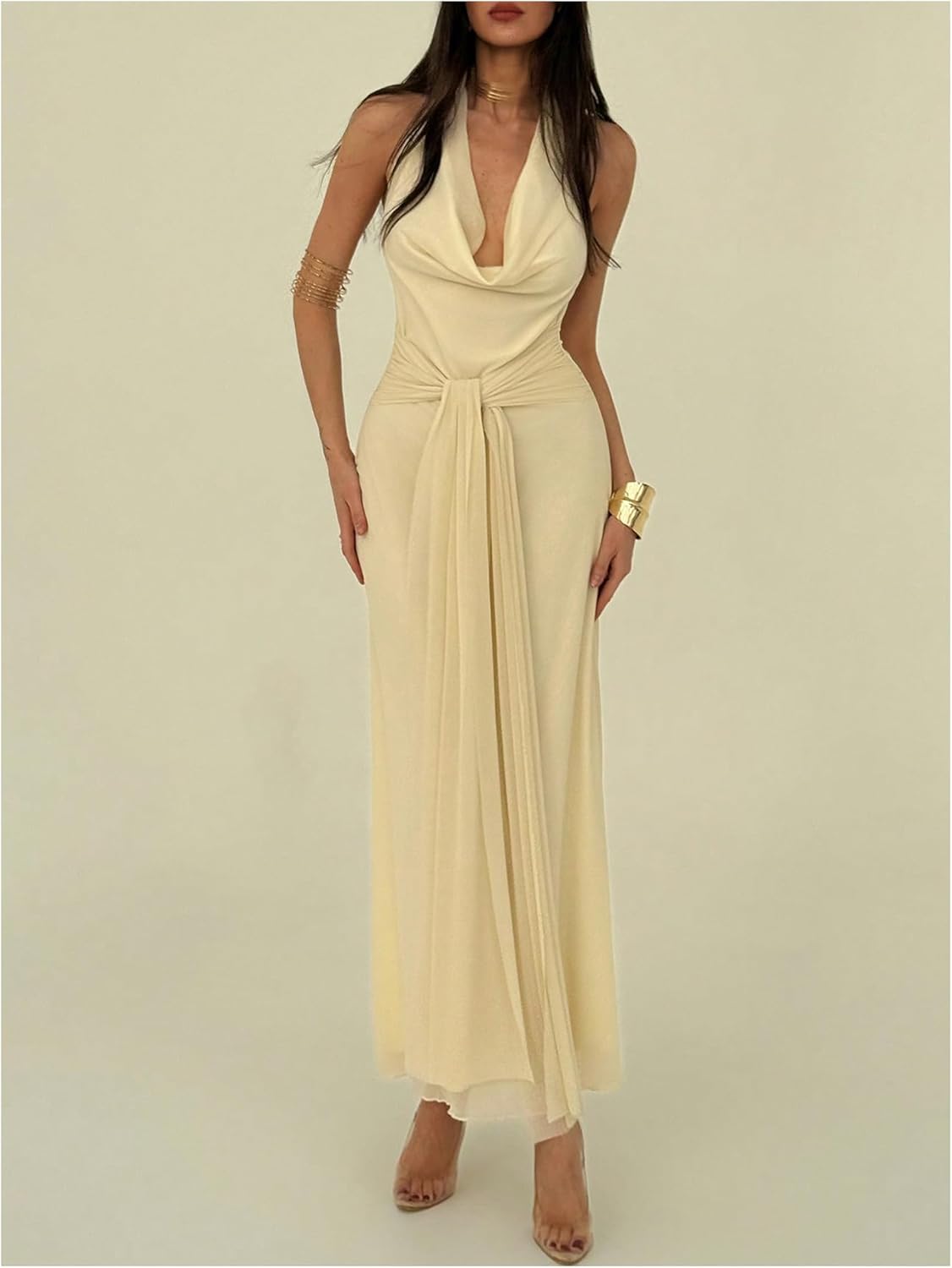 Floerns Women's Draped Cowl Neck Halter Dress Sleeveless Tie Front Going Out Long Dresses - Image 5