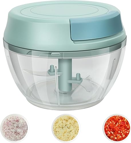 Picadora de ajo Mini picadora manual de alimentos con contenedor de cocina, cebolla, cortador de verduras, picador de verduras, azul, 16.9 fl oz