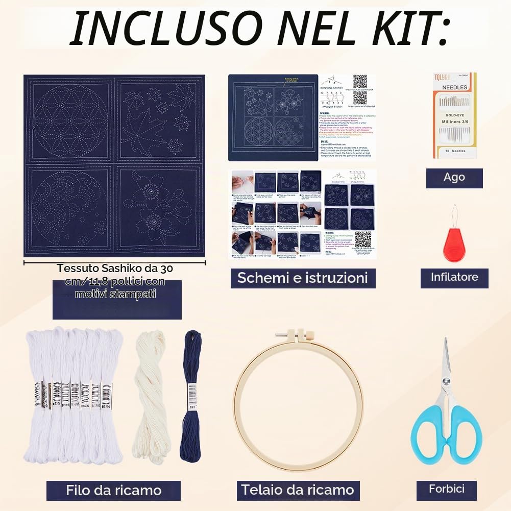 FREEBLOSS 4 Set Sottobicchieri Sashiko Kit fai da te con istruzioni Kit Sashiko per principianti Progetto pratico di Sashiko Kit per il ricamo dell'acero Sottobicchiere di stoffa stampato Sashiko