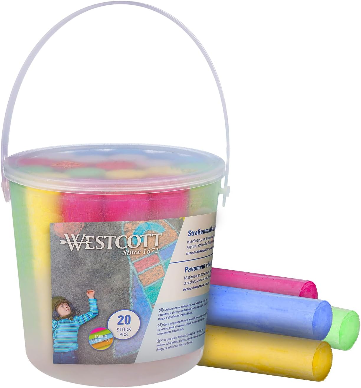 Westcott pavement chalk | 20 pieces of colourful sidewalk chalk for children in a practical transport bucket | easy to wash off | suitable for asphalt, blackboard or stone | E-744981 00
