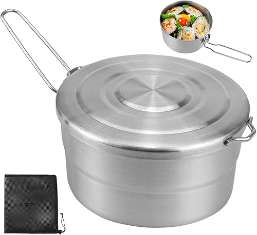 DOERDO Olla de acero inoxidable para acampar con tapa y asa plegable, utensilios de cocina de 1.5 L, olla Bento de gran capacidad para senderismo al