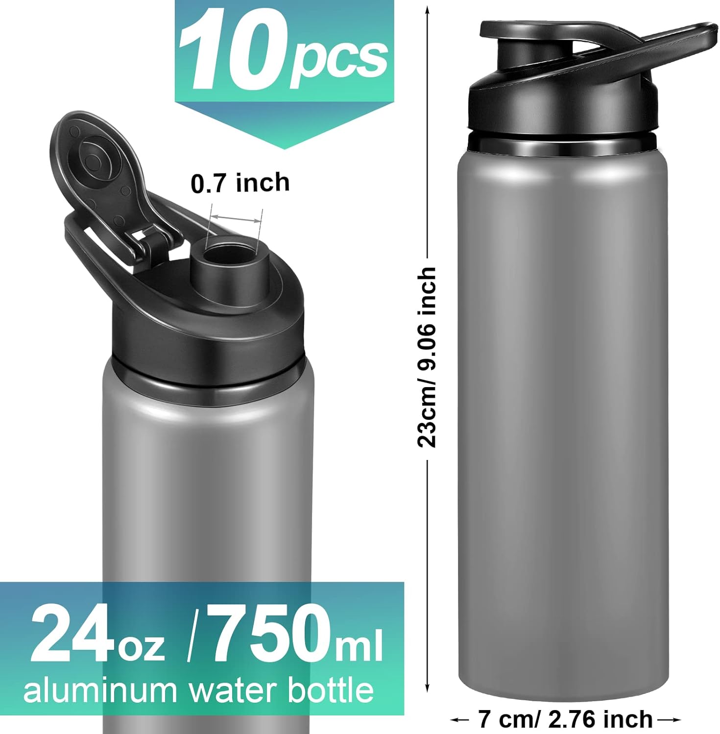 Chengu 10 Pcs 24oz Reusable Aluminum Water Bottle Bulk Operation Christmas Outdoor Lightweight Sports Water Bottles Easy Carry Leak Proof for Travel, Gym Camping Hiking Fishing, Snap Lid (Gray)