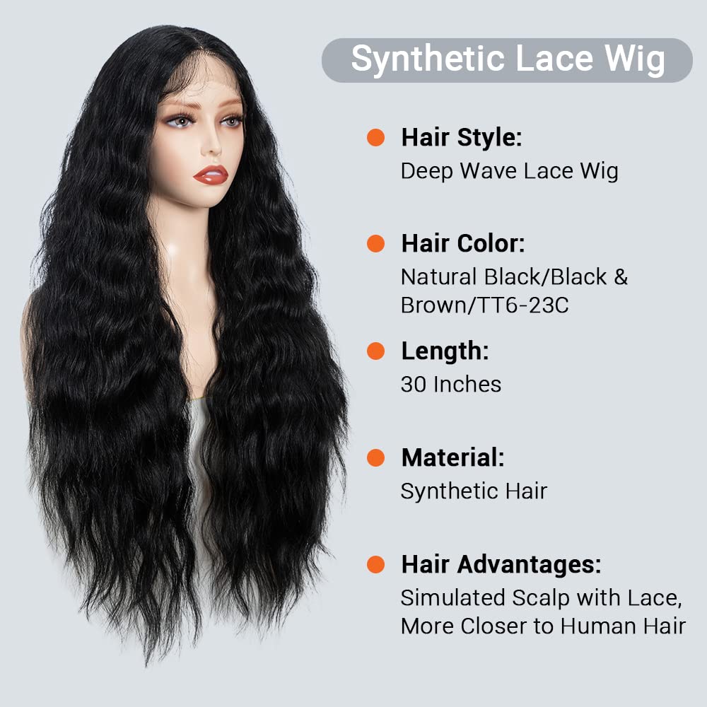 FASHION IDOL Parrucche lunghe ondulate sintetiche con pizzo frontale 30 pollici con parte centrale profonda parrucche di capelli per bambini per donne resistente al calore