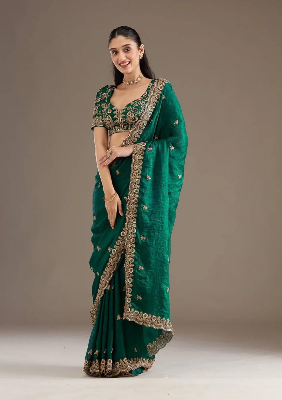 Indian Wedding Embroidered Silk Saree with Blouse, Gold Border, Bridal Wedding Wear