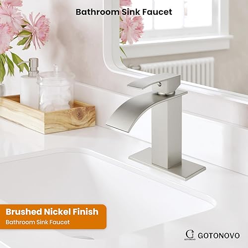 Miniatura 7 de gotonovo Grifo de baño en cascada de una sola manija para fregadero de acero inoxidable moderno de 1 agujero, grifo mezclador moderno con drenaje