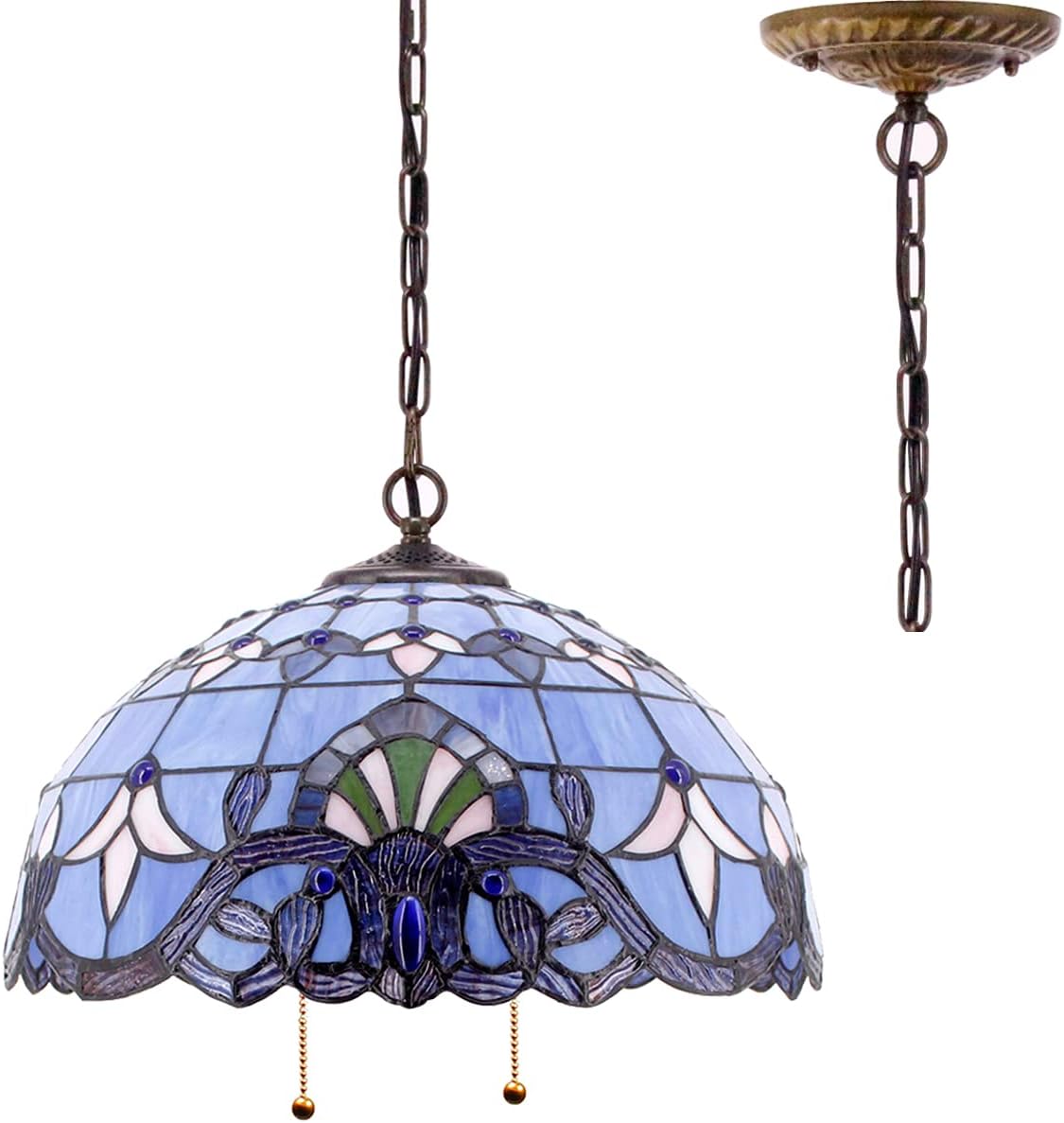 Tiffany Pendant Light Fixture Blue Purple Baroque Stained Glass Hanging Lamp Wide 16 Inch, Height 40 Inch S003C Series