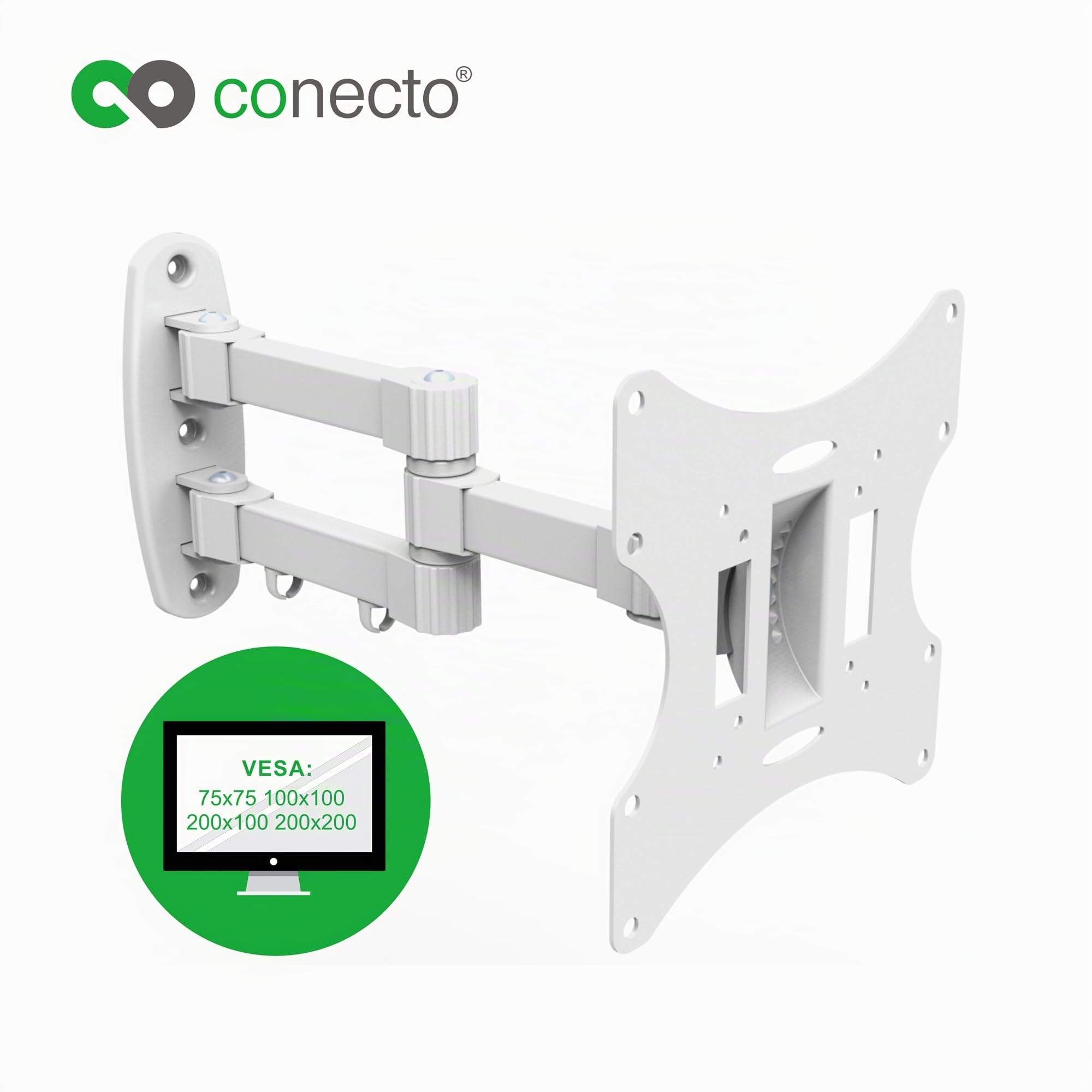 conecto supporto a parete per dispositivi TV/monitor con 58-107 cm (23-42"), VESA 200x200, inclinabile: +/-20°, girevole: +/-90°, distanza parete: 10-39,3 cm, carico max: 30 kg, bianco
