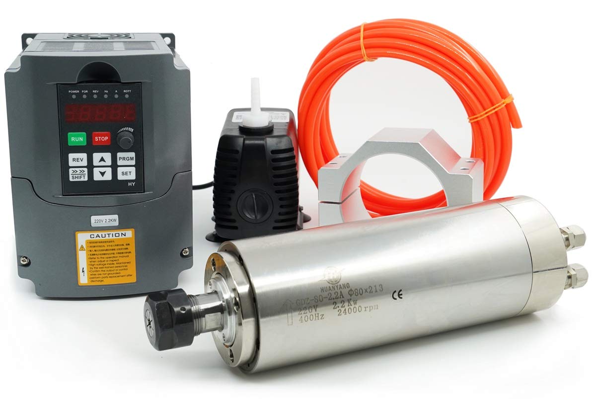 Kit de moteur à broche CNC VFD 220 V 2,2 kW CNC VFD & 220 V 2,2 KW 4 roulements 400 Hz 24000 tr/min moteur à broche refroidi à eau et pompe à eau 220 V 75 W et support de serrage moteur Φ80 mm et