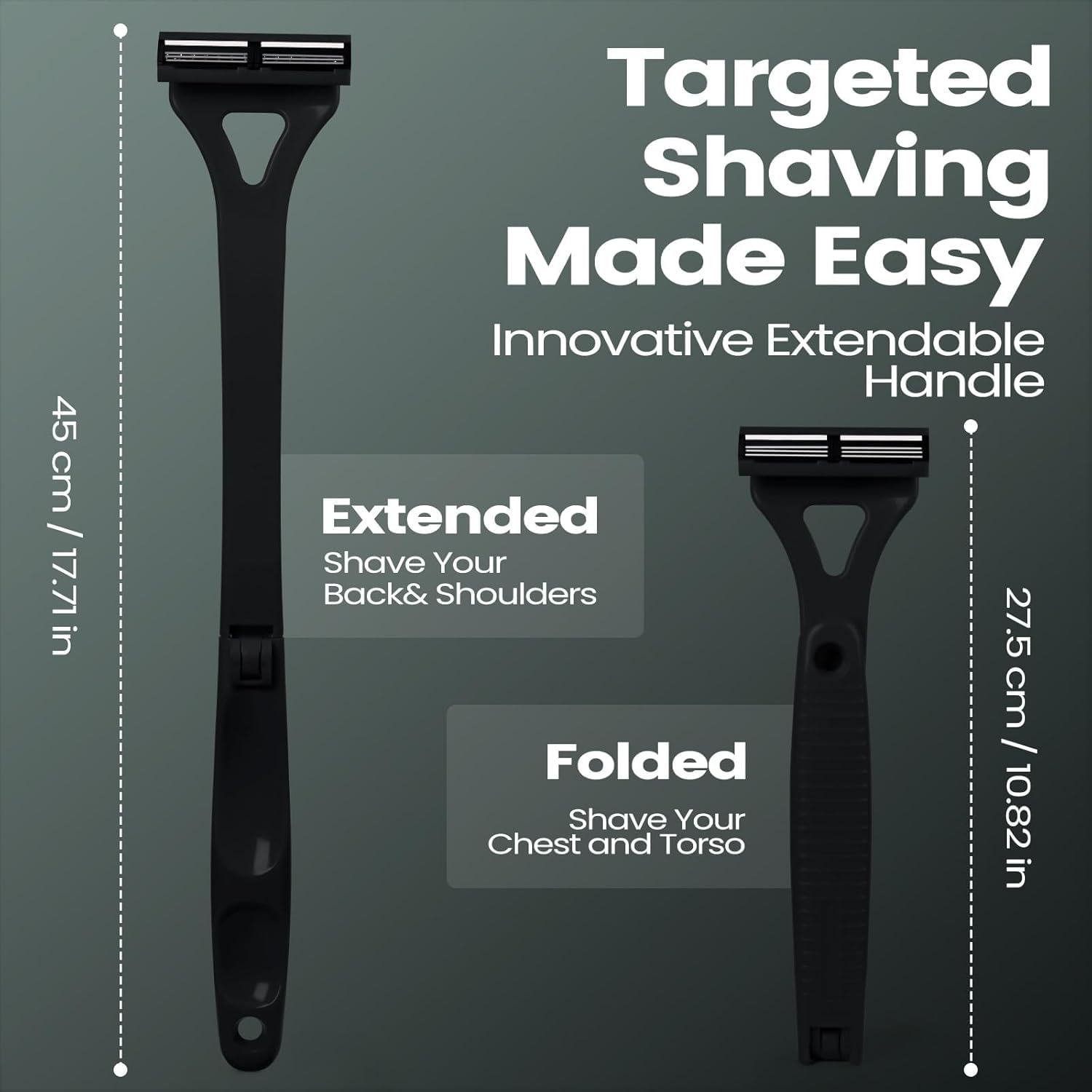 Afeitadoras de espalda para hombres con mango ergonómico largo plegable: afeitadora de pelo de bricolaje, hoja de seguridad reemplazable y afeitadora portátil para hombres, afeitado húmedo y seco