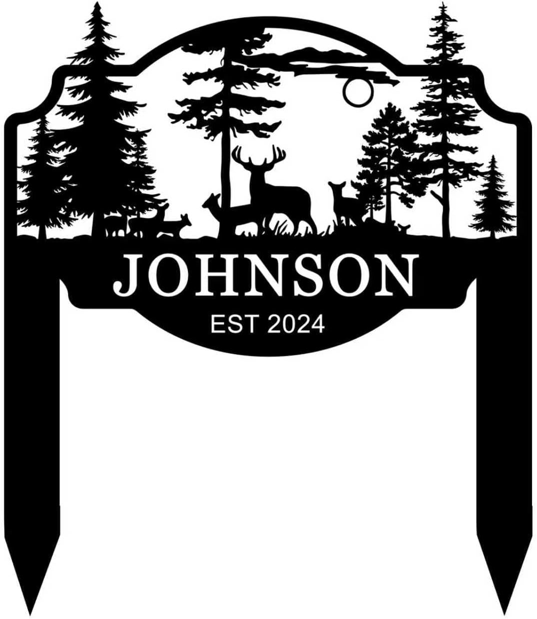 Custom Last Name Sign with Deer, Personalized Garden Signs, Deer Yard Stake Sign with Pine Trees, Large Outdoor Metal Sign, Realtor Closing Gift, Housewarming Gift