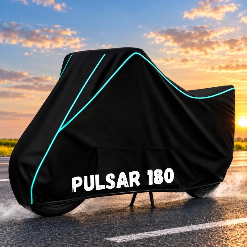 Image of Bike Body Cover for Pulsar 180 - Heavy Duty Waterproof, Dustproof & Scratch Resistant Motorcycle Cover, Full Body Outdoor Cover with UV & Rain Protection, Black Aqua Piping