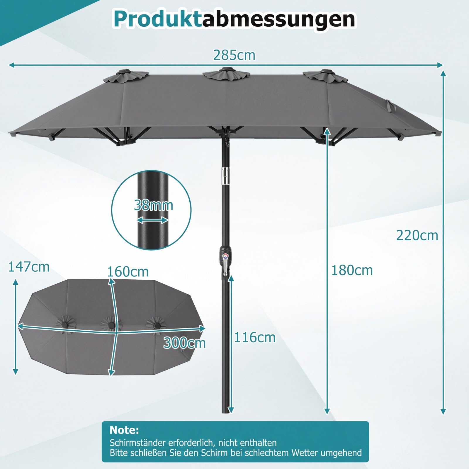 COSTWAY Doppelsonnenschirm knickbar 300x150cm, Doppel Sonnenschirm, Gartenschirm mit Kurbel, Terrassenschirm, Marktschirm für Garten, Terrasse, Balkon (Grau)