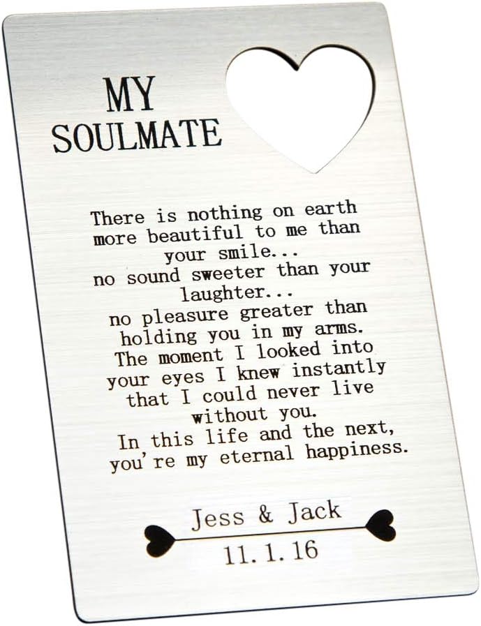 Personalised My Soul Mate Quote Engraved Wallet Card Christmas Valentines Anniversary I Love You Gift For Him/Her Boyfriend Girlfriend With Heart Cut Out
