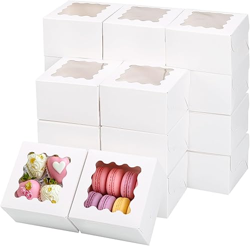 TOMNK 100pcs White Cookie Boxes with Window,4x4x2.5 Inch Small Bakery Boxes, Cookie Boxes Bulk for Small Cake, Treats, Donuts, Candy on Valentine's