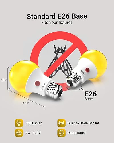 Miniatura 4 de Sunco - Paquete de 6 bombillas amarillas para exteriores A19, luces LED de insectos para exteriores del anochecer al amanecer, 480 LM, 9W, 2000K