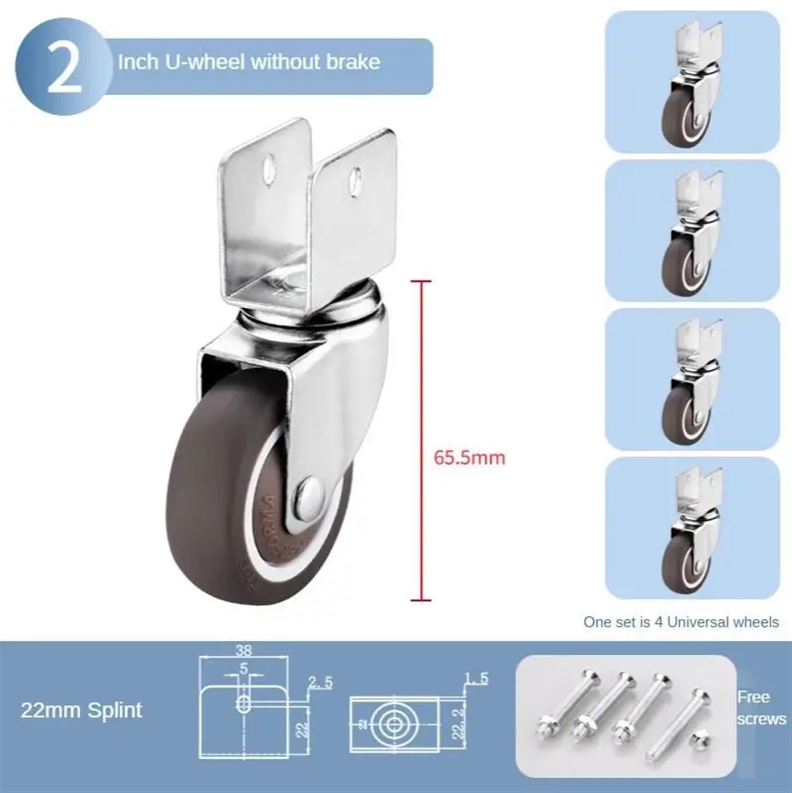 DFLPBHAV 4 Pcs/Lot Silent 2 Inch U-Shaped Furniture Universal Caster Pulley Wheel Accessories Roller(22mm-A)