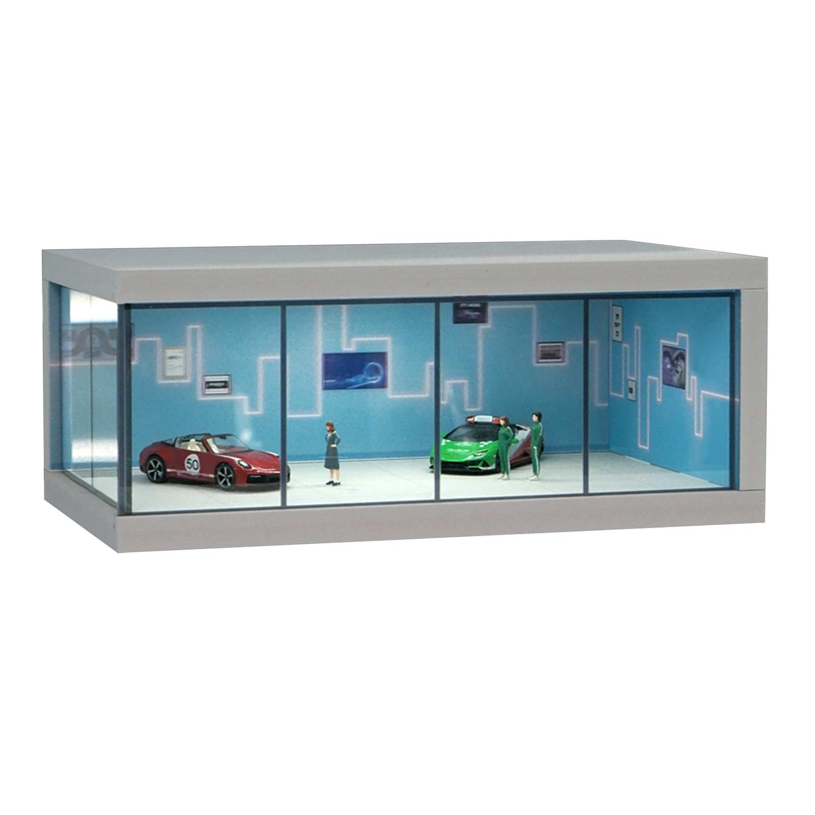 Vitrine für Modellautos aus Druckguss Maßstab 1: 64 mit LED Licht und Acrylabdeckung, Szene, Parkplätze, Dioramen, Aufbewahrung, Garage, Box, Szene, Parkplätze, Dioramen