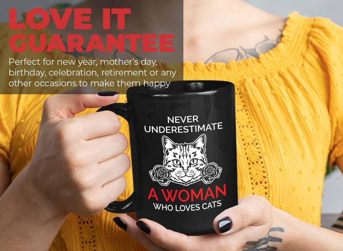 Bubble Hugs Never Underestimate Coffee Mug 15oz Black - Woman Who Loves Cats A - Man Religious Women Coworker Student Cycling Christian Granfather Music Lover Atheletes Medical Healthcare
