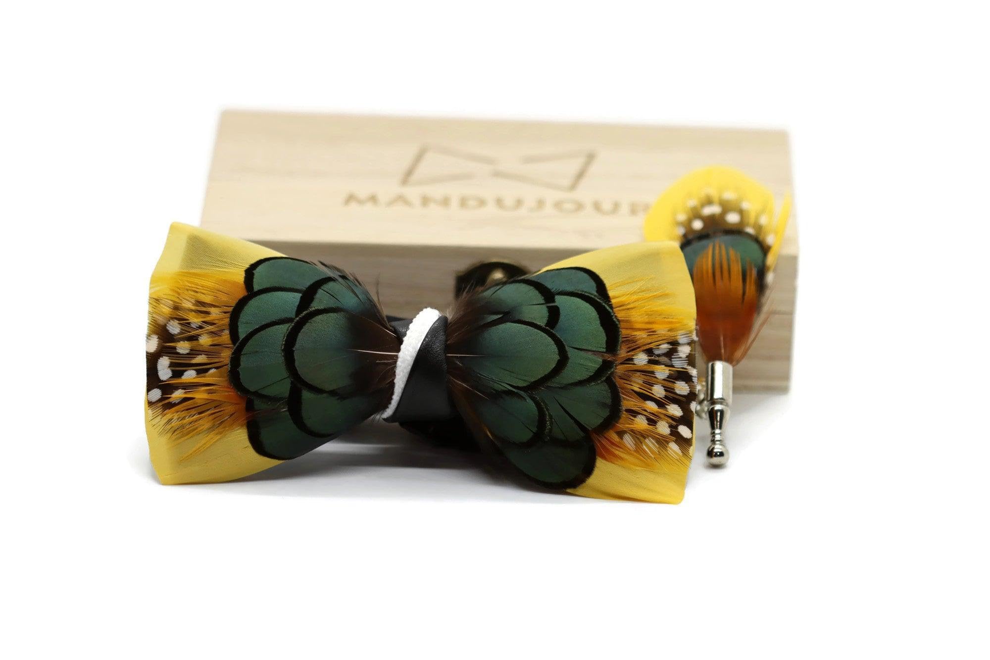 Exotic Canary Feather Bow Tie & Lapel Pin Set - Handmade Designer Accessory for Formal Events