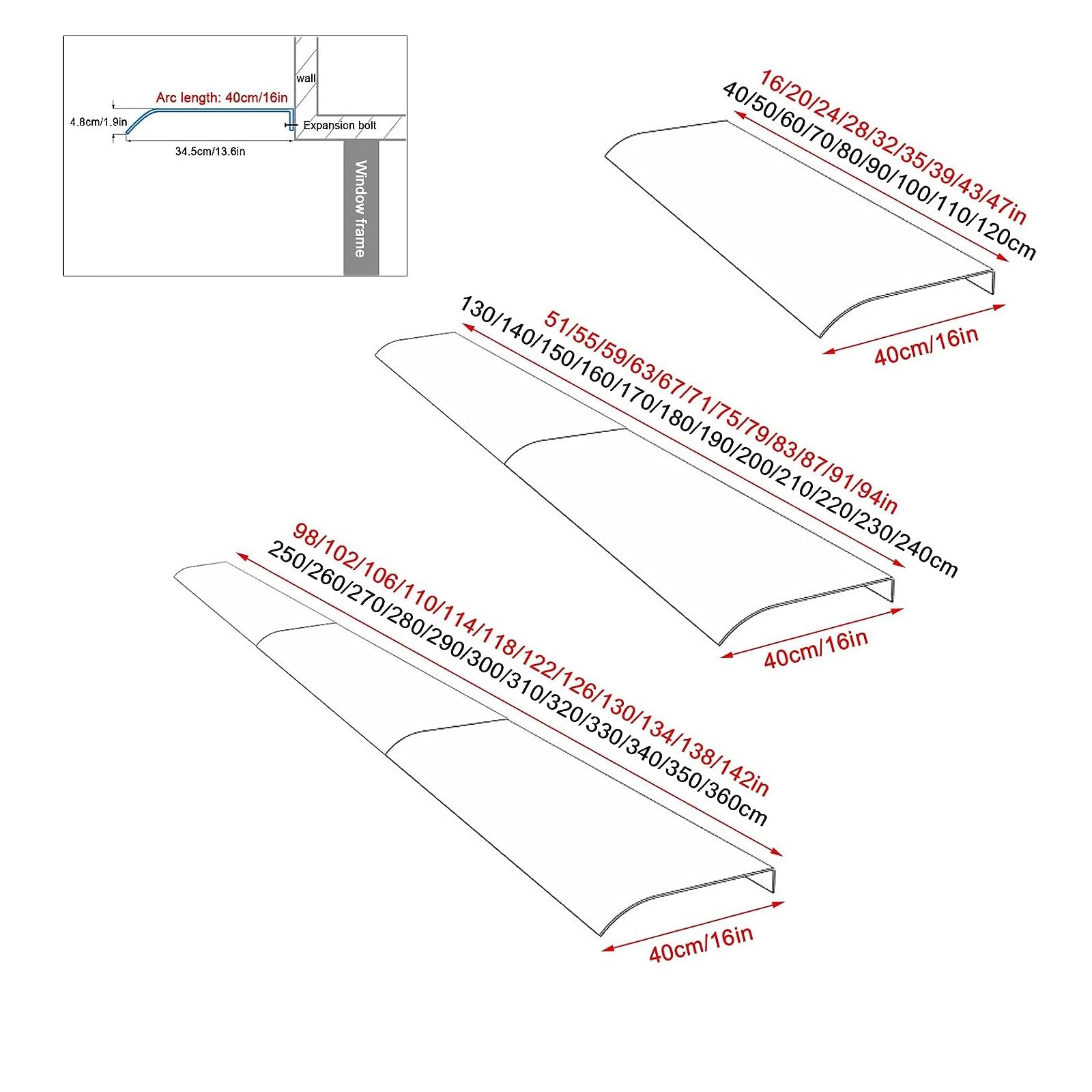 Pensilina Tettoia per Porta o Finestra Trasparente,Pensilina da Esterno per Ingresso,Riparo Antipioggia per Portico,Tettoia in Policarbonato Parasole,per Balcone,Ristorante (40x110cm/16"x43")