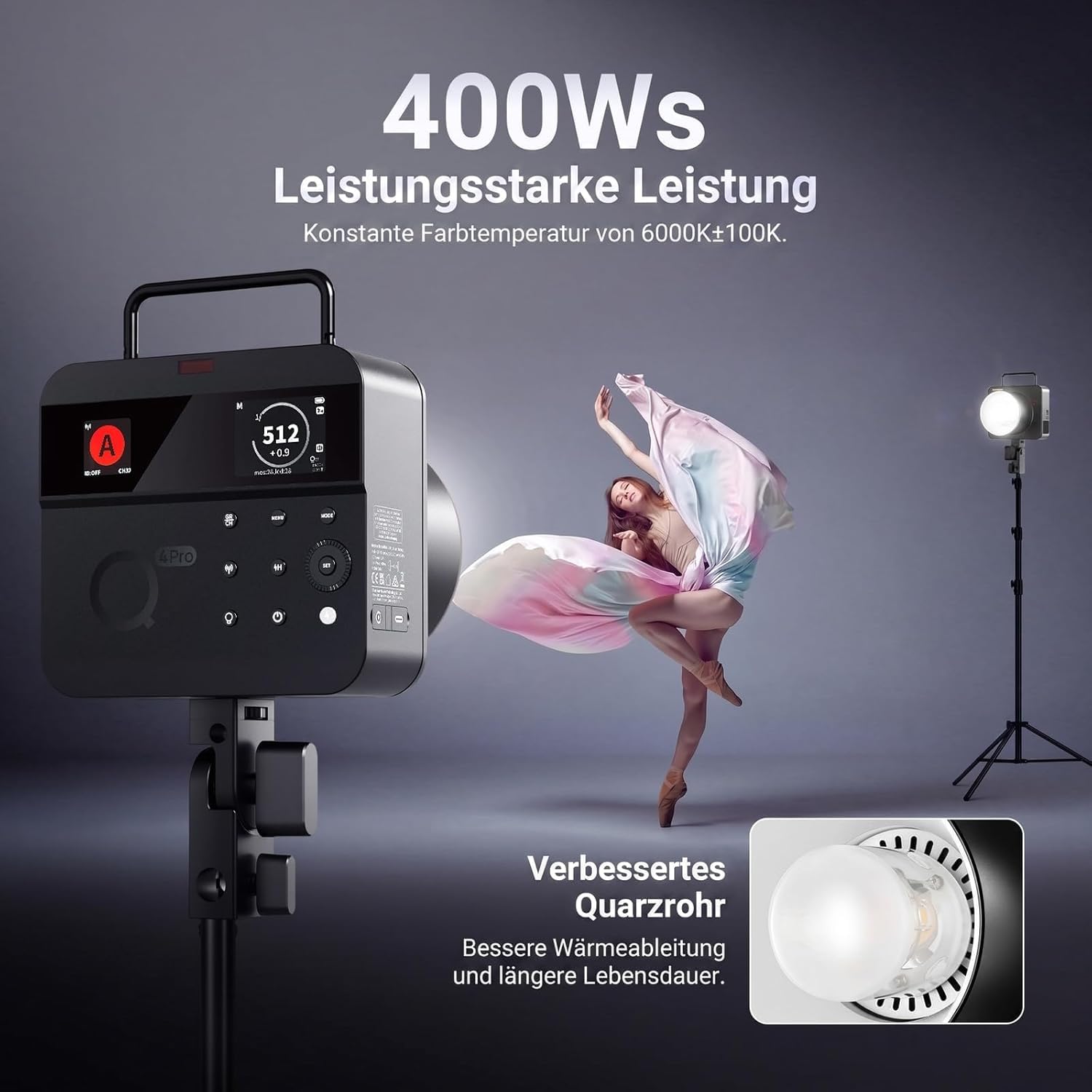 NEEWER Q4PRO 400W 2,4G TTL Outdoor Studio Flaschenstrobe, kompatibel mit Godox, APP Control Licht, 1/8000 HSS 6000K 2800mAh Dual Screen Monolight Bowens Montage/0,01–1,2 s Recycle/30W Modellierlampe