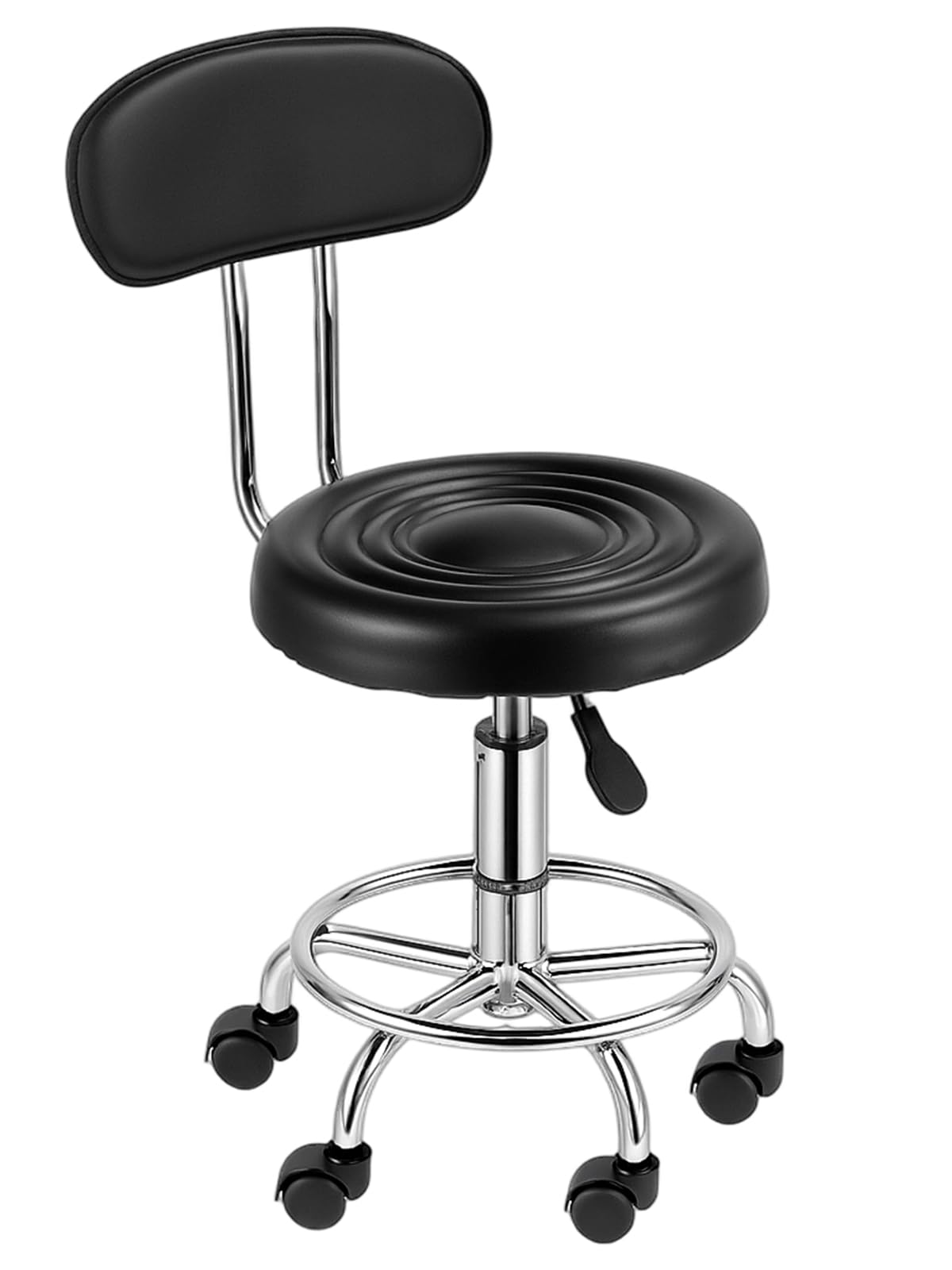 Adjustable Rolling Swivel Stool 360-Degree Rolling Wheel PU Leather with Back Drafting Swivel Task Chair l with Backrest or Salon Office Therapist Beauty Spa Hairdressing Tattoo Support/Thick Cushion