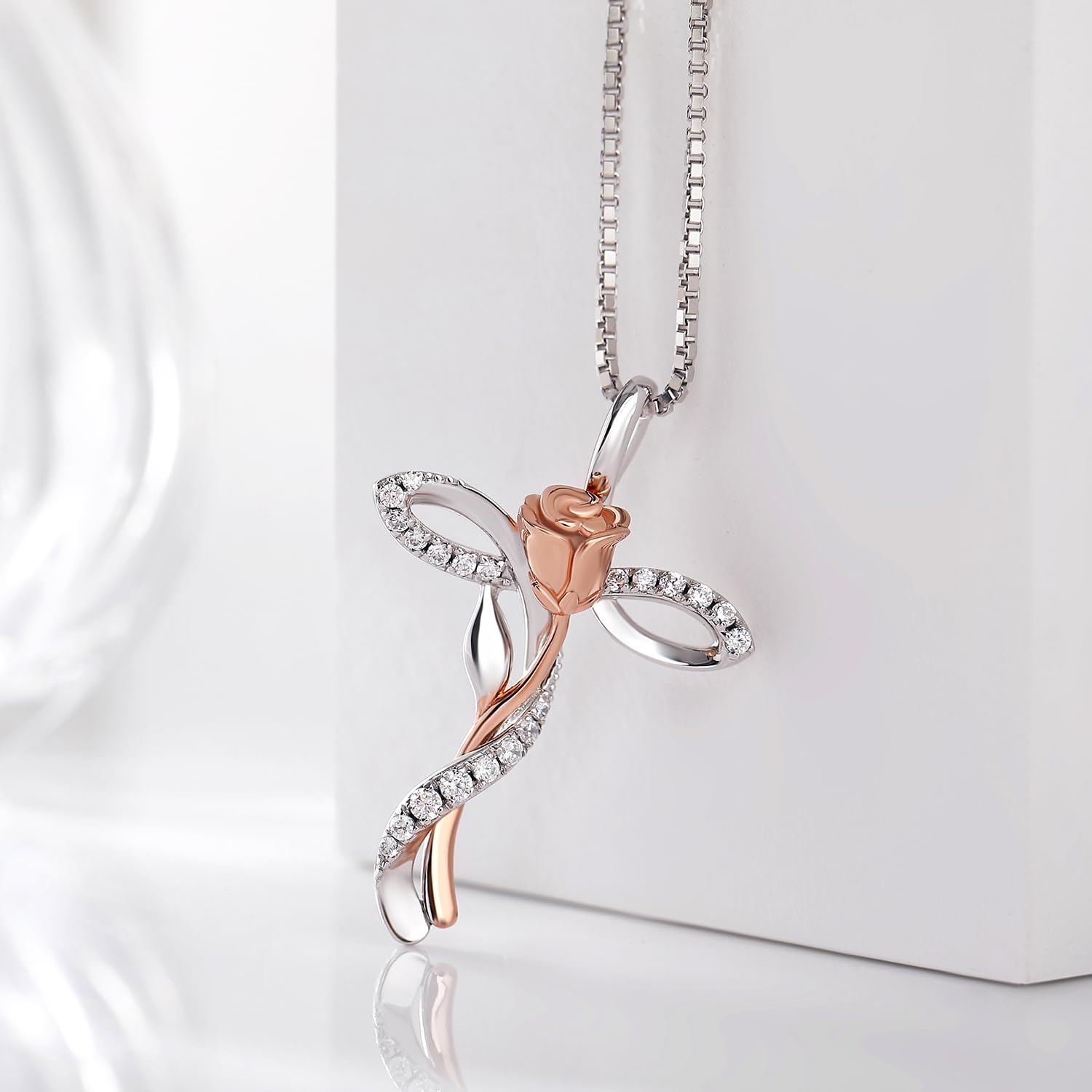 Collana Croce Infinito Rosa 18K placcato in oro bianco per Donna in Argento Sterling 925 con Ciondolo Diamante Simulato, Gioiello Elegante per Donne