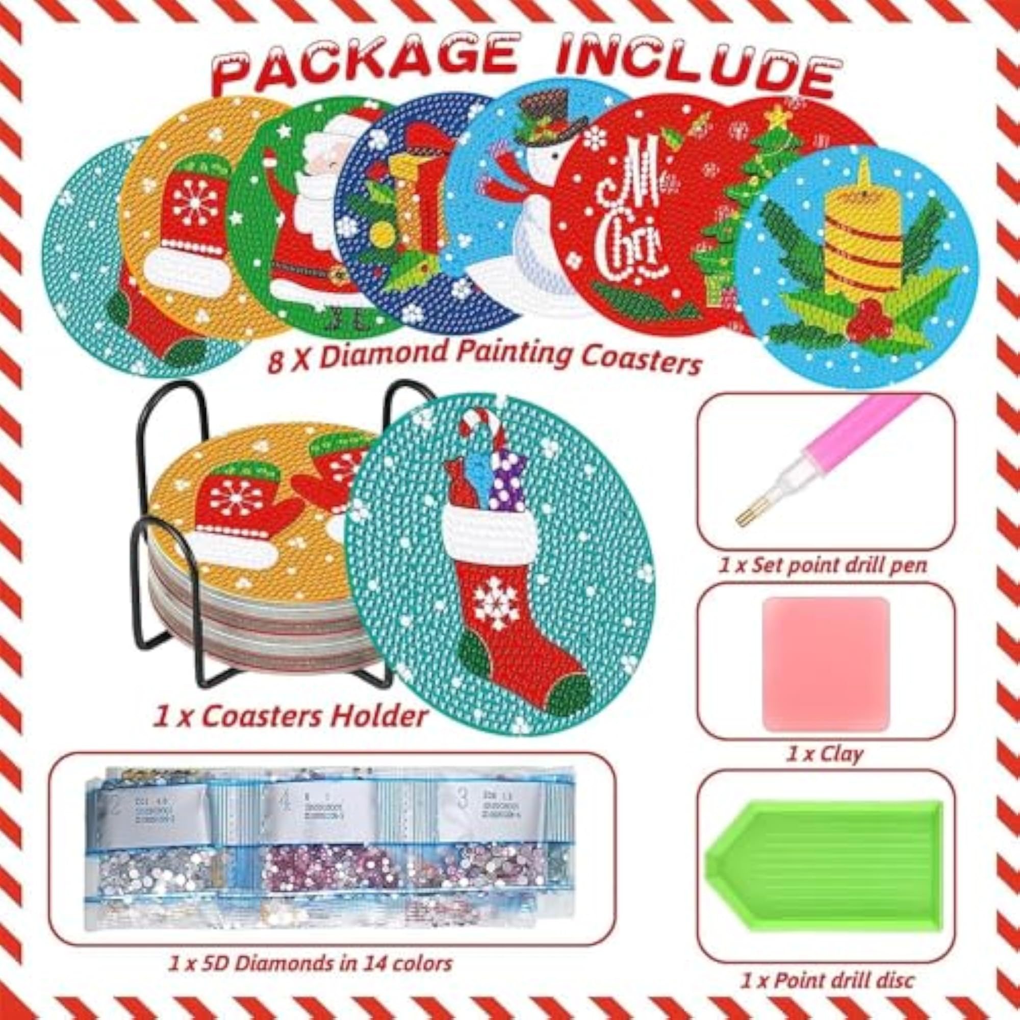 8 PCS Christmas Diamond Art Coasters Kit