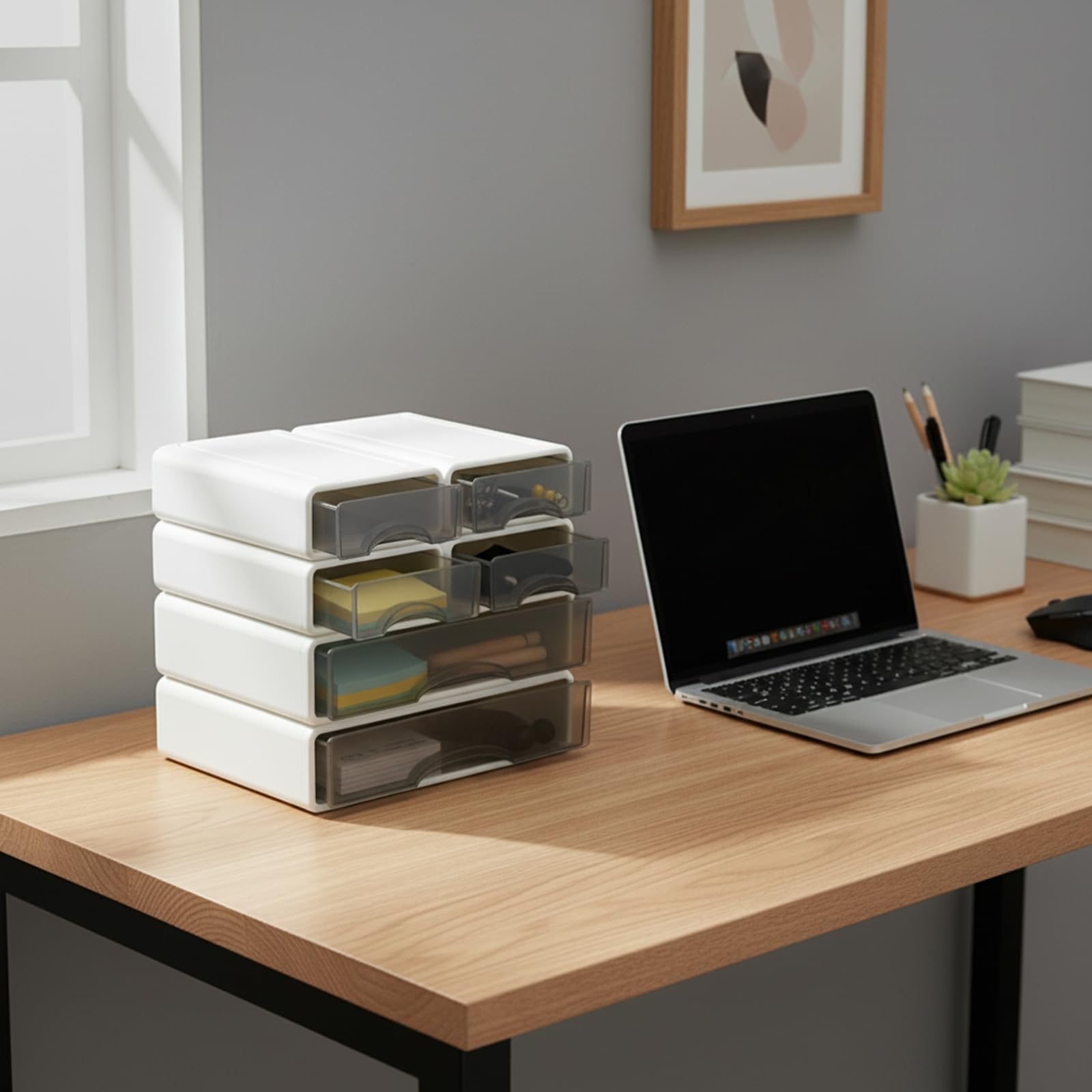 Organizer da scrivania bianco con 6 cassetti, impilabile, per ufficio e casa, moderno sistema di archiviazione per cosmetici, cancelleria e documenti, in plastica, antipolvere
