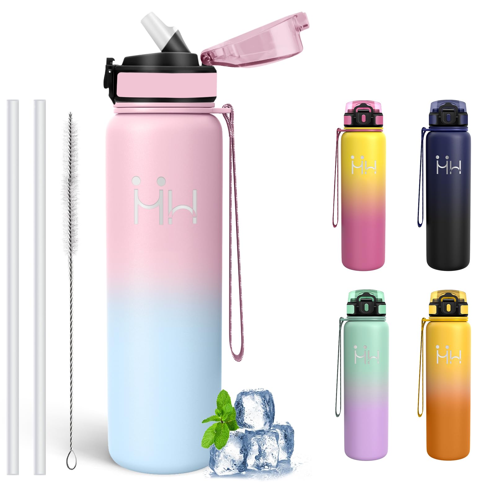 Mujigaga Insulated Water Bottle, 1 Litre Water Bottle, BPA Free, Water Bottles with Straw, Leak-Free, Insulated Bottle, Easy to Carry, Water Bottles for Camping, Triathlon, Yoga, Hiking
