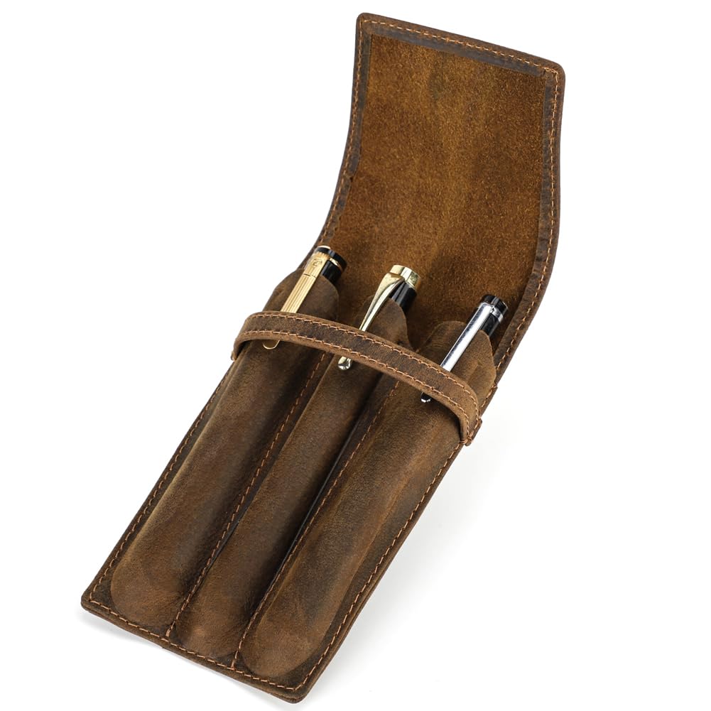 Genuine Leather Pen Case Handmade Fountain 3 Slots Pen Pouch Protective Pens Sleeve Cover Button Flip Cover-image-49