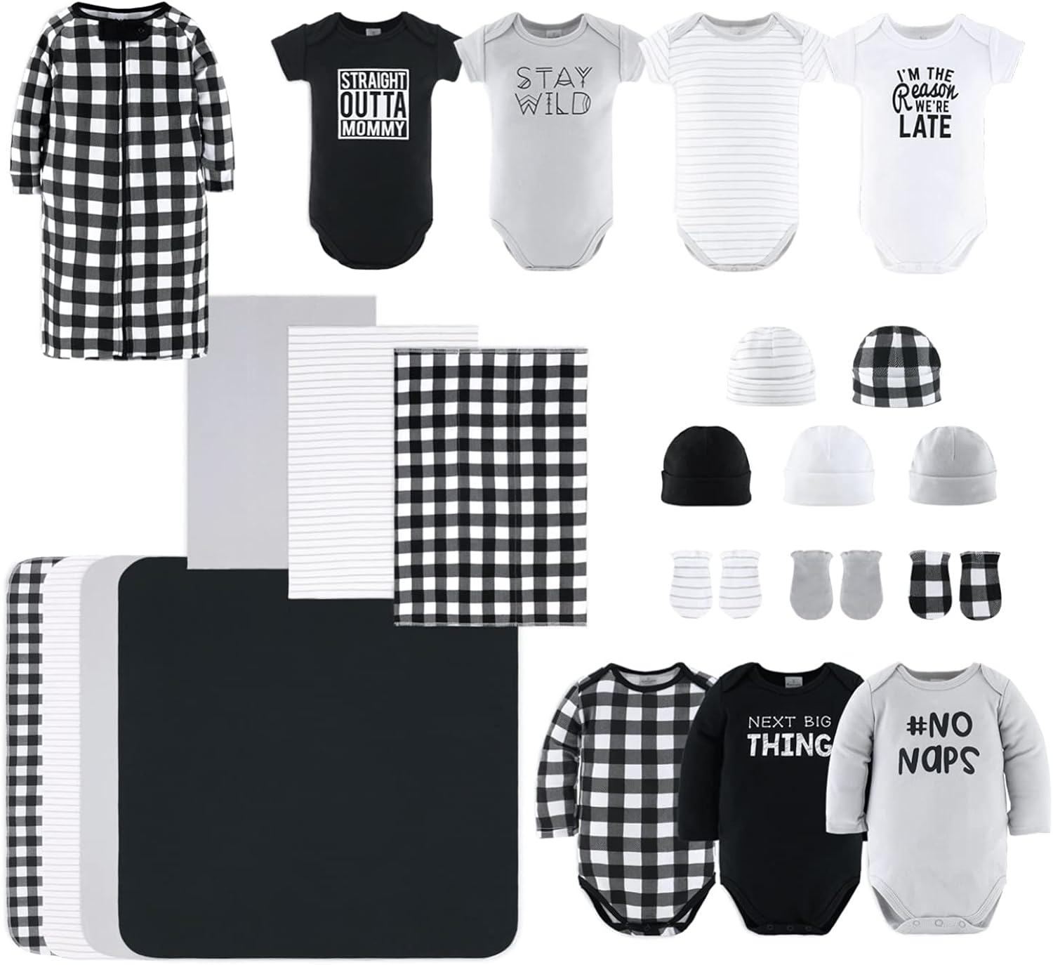The Peanutshell Newborn Layette Gift Set for Baby Boys or Girls | 23 Piece Newborn Clothes & Accessories Set | Fits Newborns to 3 Months | Black Plaid: Clothing, Shoes & Jewelry