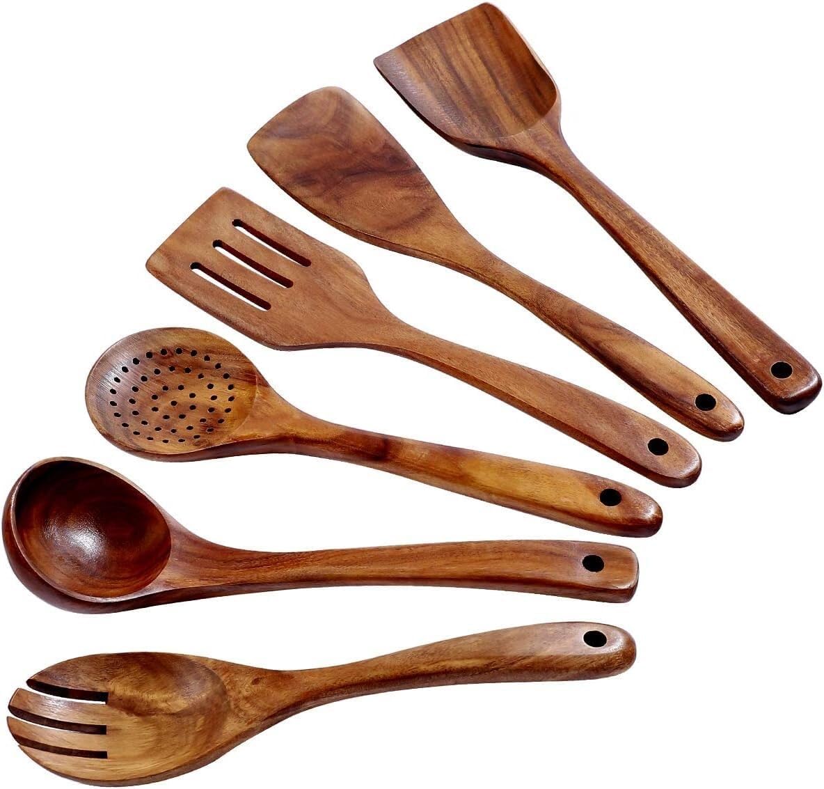 Kitchen Utensils Set,Cooking Utensils Set,Wooden Kitchen Utensil Set Bamboo Cooking Utensils Set with Holes, Organic Teak Wooden Spoons for Cooking(6 PCS)