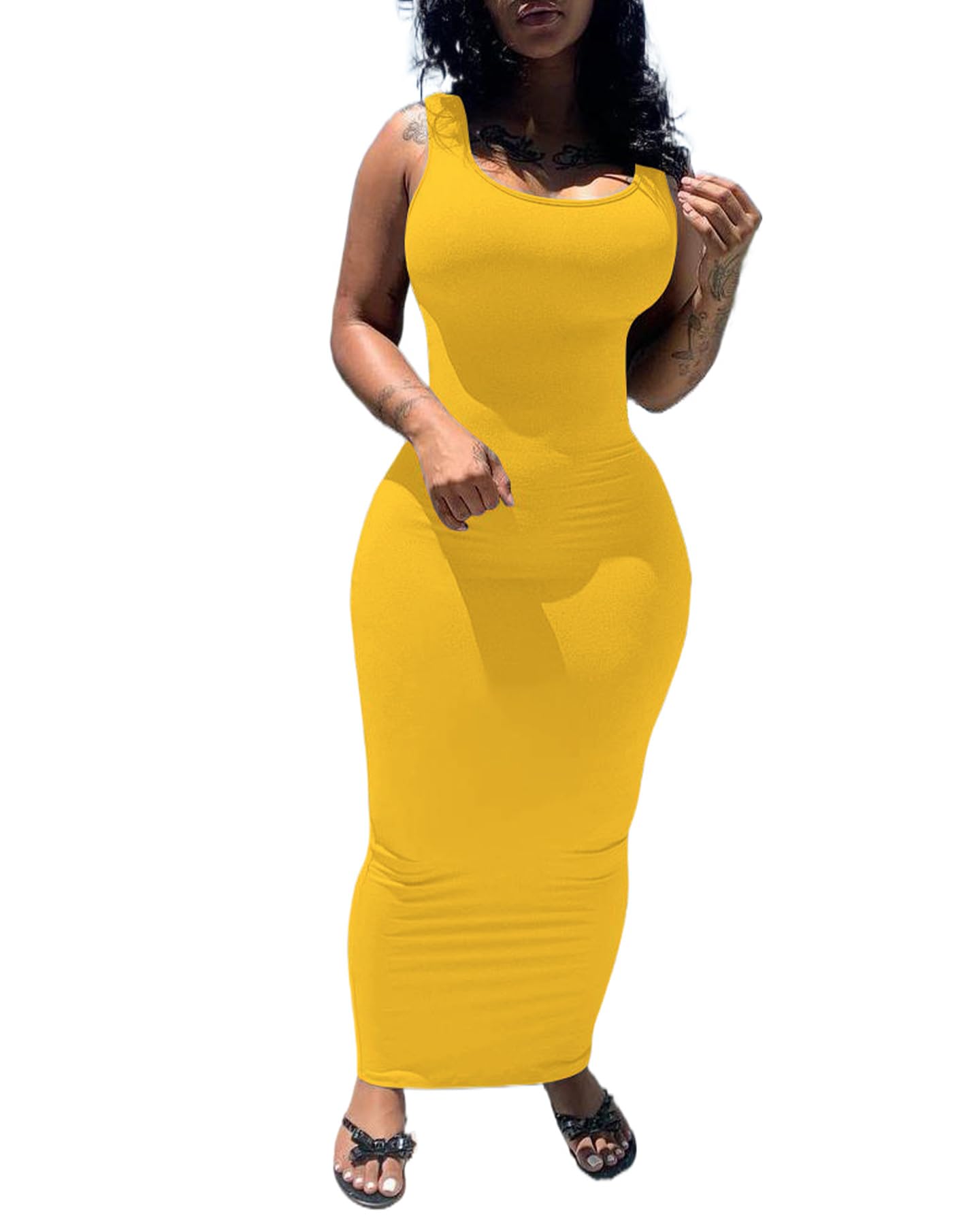 PINSV Women's Sexy Bodycon Tank Dress Basic Sleeveless Long Maxi Dresses Party Club Beach Sundresses