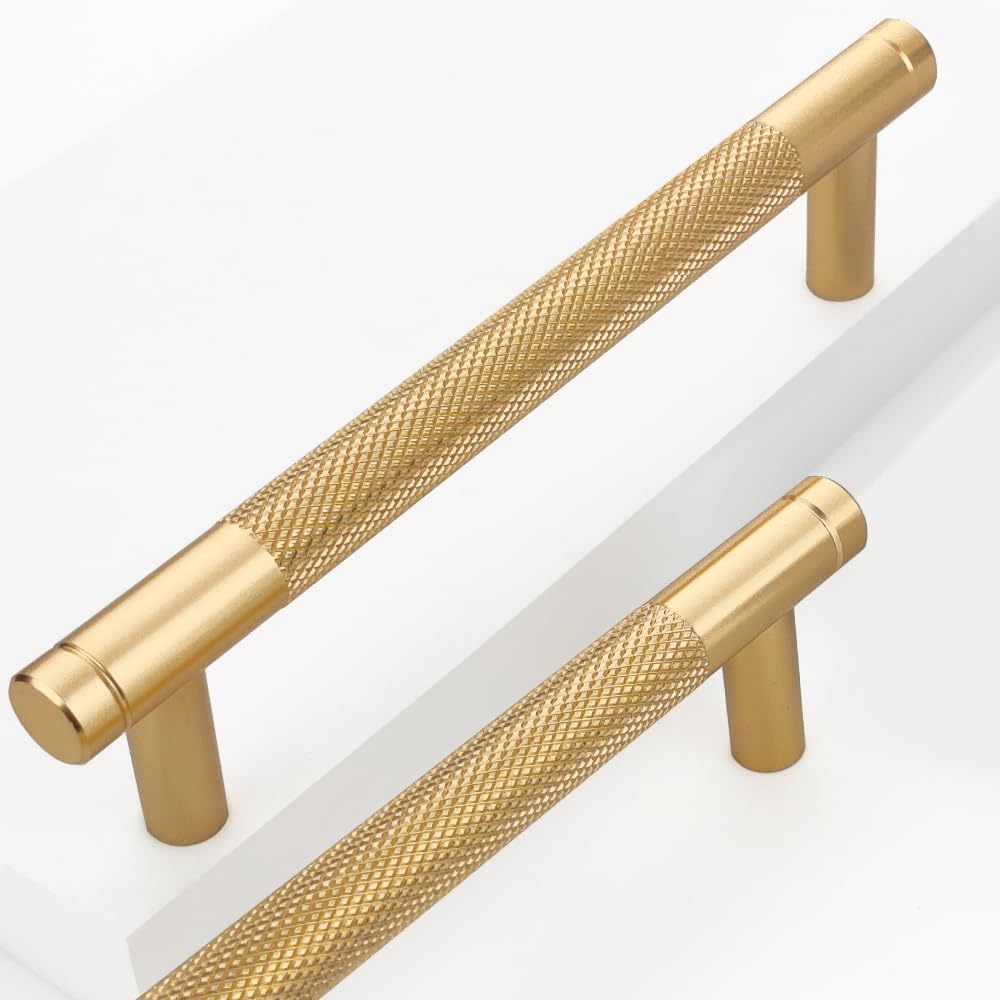 Guoharda 2 Pack 5 Inch 128 mm Gold Knurled Cabinet Handles Cabinet Pulls Aluminum Handles Pulls Oxidation Finish with Diamond Pattern 6" Length (5"