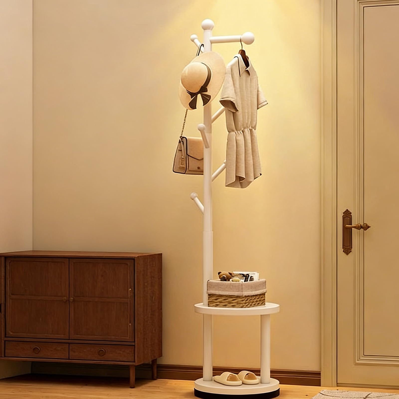 Js Space White-A Solid Wood Rotary Coat Rack Wooden Freestanding Coat Tree With 2 Shelves And 8 Hooks,Clothes Hanger Stand For Bedroom, Entryway, Livingroom