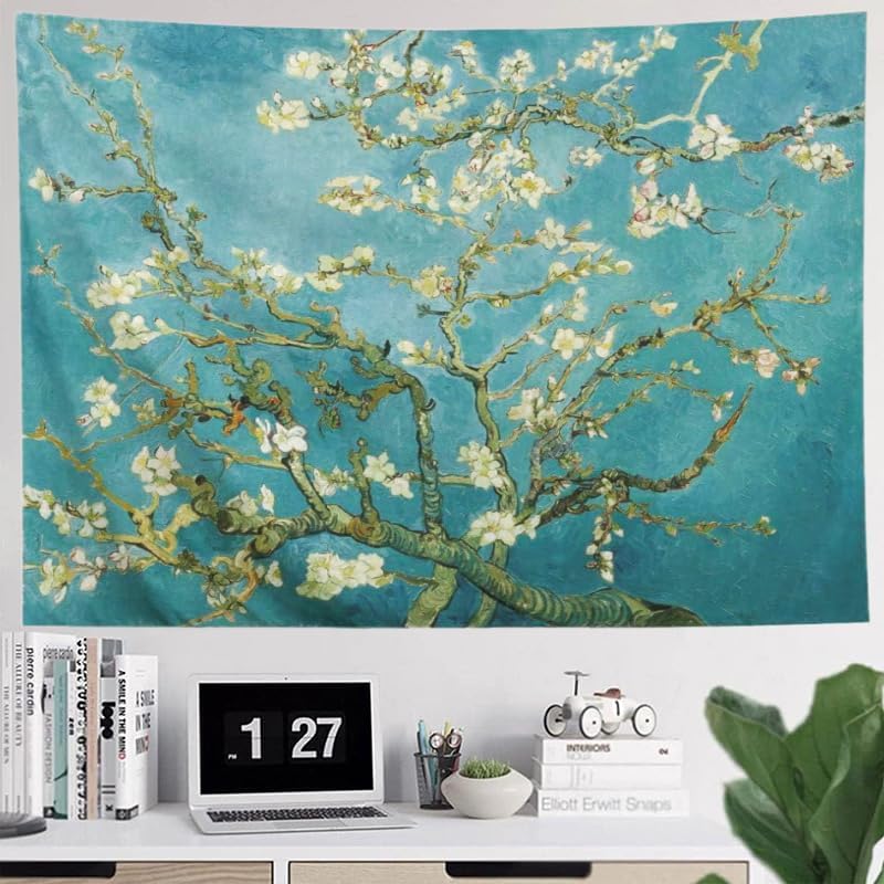 IcosaMro V. Gogh Tapestry Wall Hanging Almond Blossoms Nature Floral Wall Art [Double-Folded Hems] Rustic Wall Home Decor for Bedroom, Dorm, College, Living Room, 51x60 Inches, Green