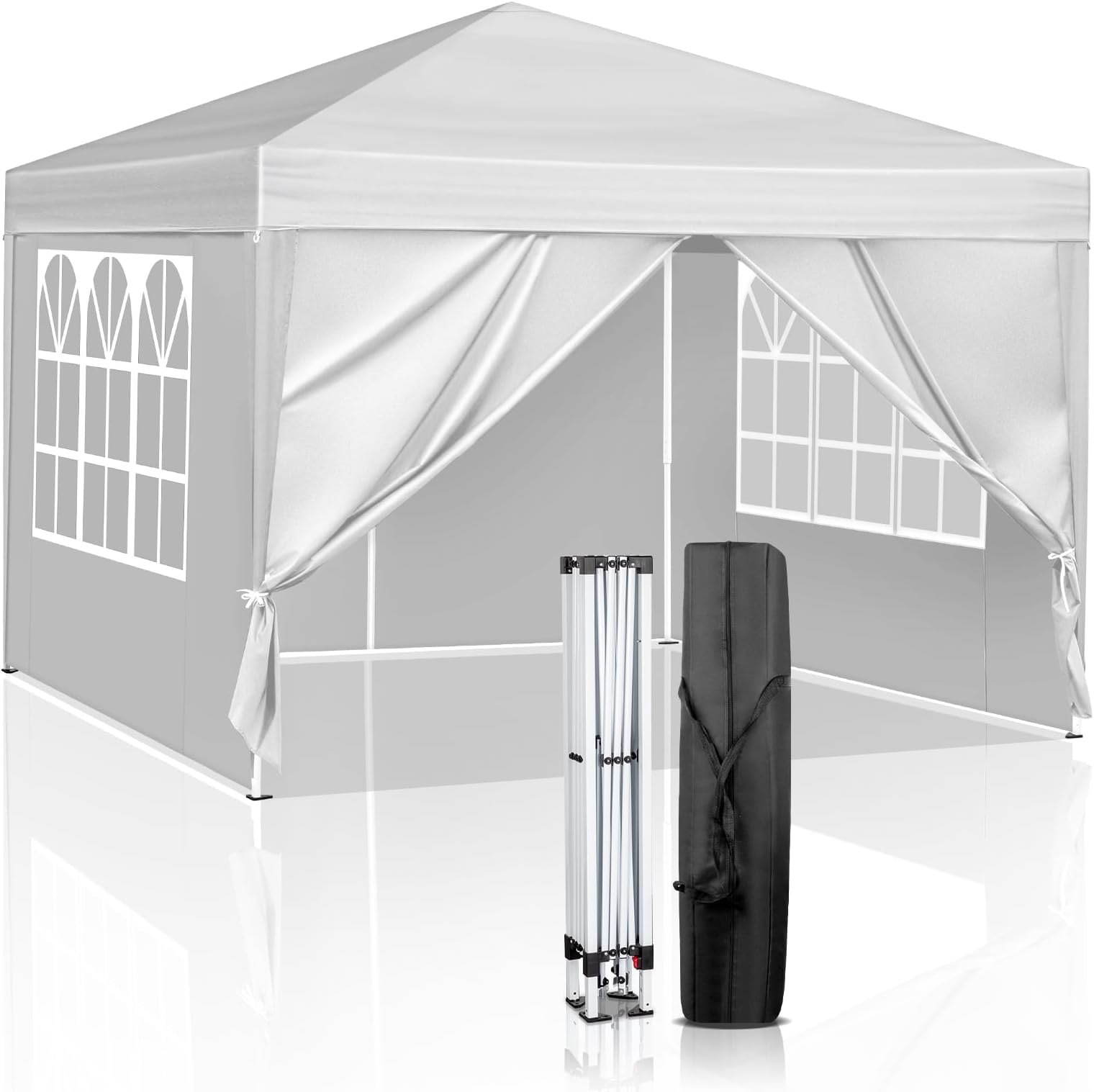 LEADZM 3 x 3 m Folding Garden Gazebo, Pop-Up, Adjustable Height, UV Protection 50+, with 4 Sides, Steel Frames, Suitable for Parties, Outdoors, Patios, Camping (White)