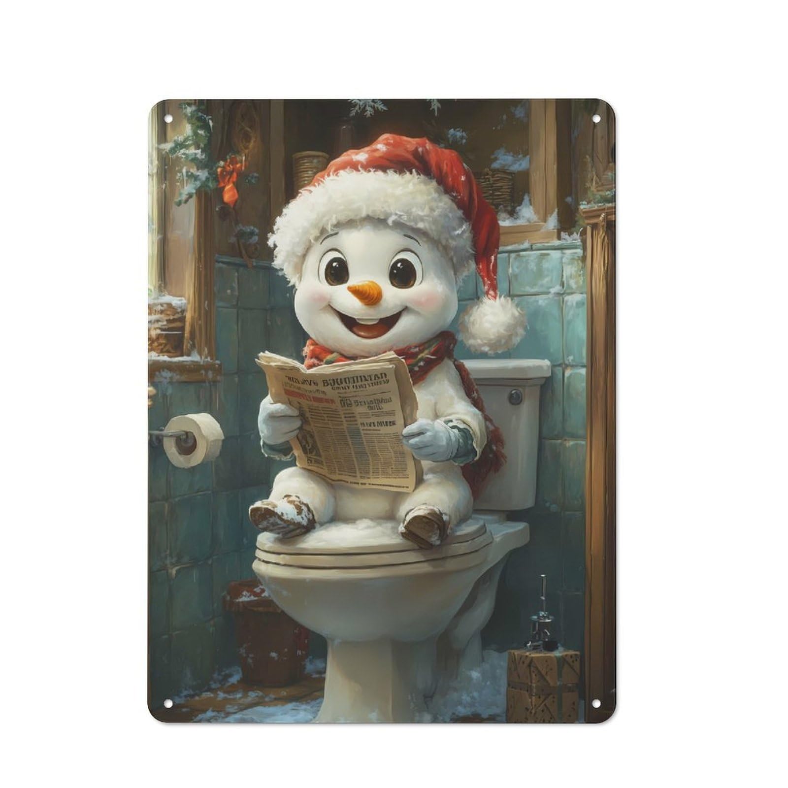 Junmoney Snowman Reading On Toilet Printed Metal Sign 40X30cm For Café Or Restaurant, For Hospitality Interior Collectors