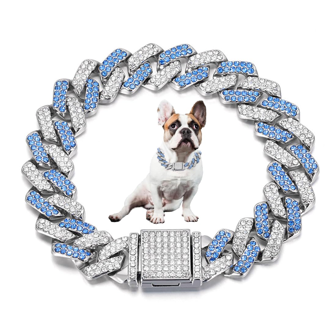 Silver Blue Dog Chain, Rhinestone Puppy Necklace Girl Metal Cuban Link Dog Collar, Bling Diamond Glitter Sparkly Cute Jewelry for Small Medium Large