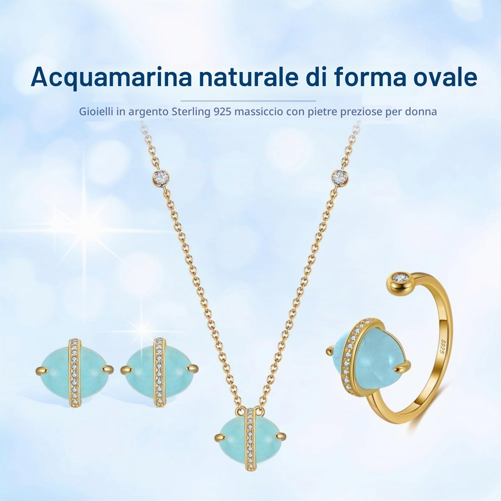 Collana Pendente Donna Argento 925 Pietre Dure Forma Ovale con Acquamarina Naturale Regalo