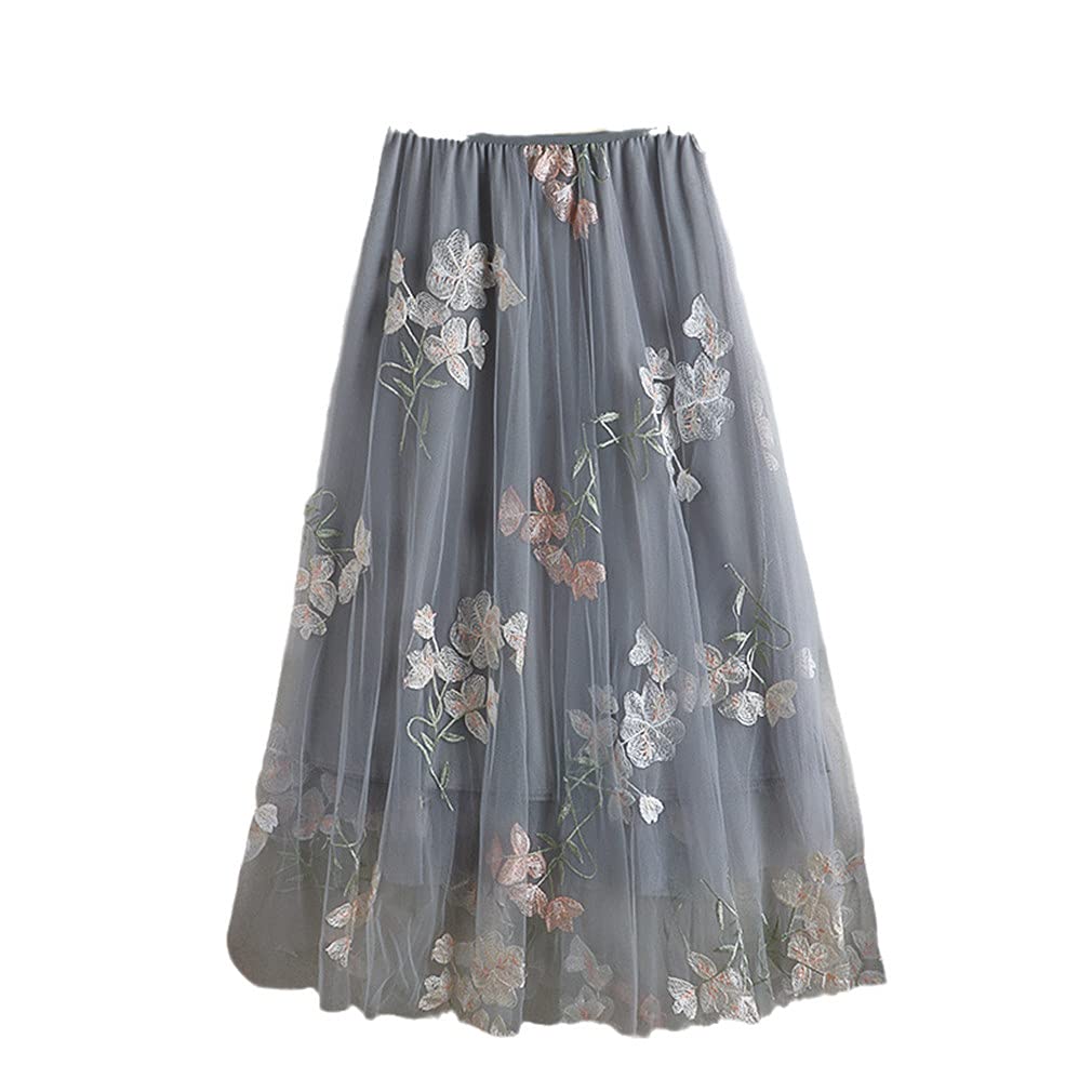 Women Tutu Tulle Maxi Skirt Floral Embroidery A Line High Waist Long Mesh Skirt