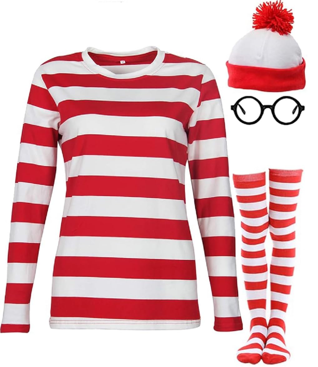 MDROCK Adult Red&White Stripes Shirt Costume T-shirt Knit Beanies Striped Socks Nerd Glasses,Halloween Costumes