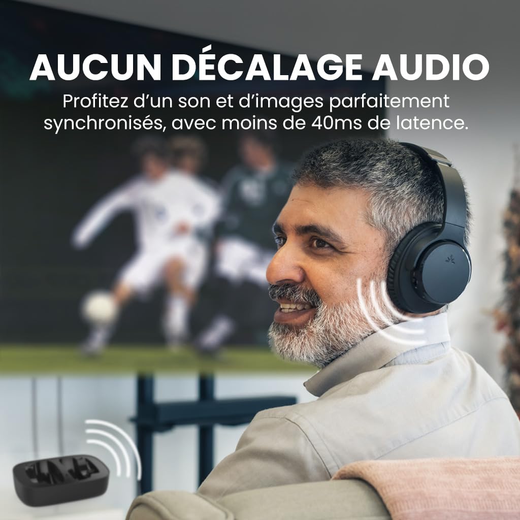 Avantree Ensemble – Casque TV sans Fil Bluetooth pour Regarder la Télévision, Son Clair, Installation Facile, Base de Recharge, 35h Autonomie, Confortable, Compatible avec Optique, AUX et Bluetooth