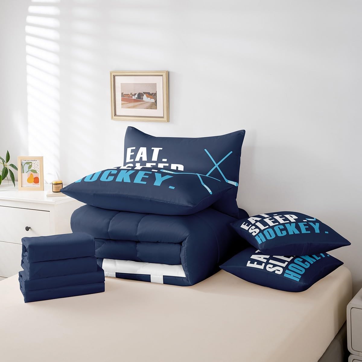 Feelyou Ice Hockey Comforter Set 7 Piece Twin Size Kids Hockey Sports Game Boys Bed in A Bag Girls Ice Hockey Lover Bedding Set Hockey Decor Bed in a Bag with Sheets, Pillowcases, Pillow Covers