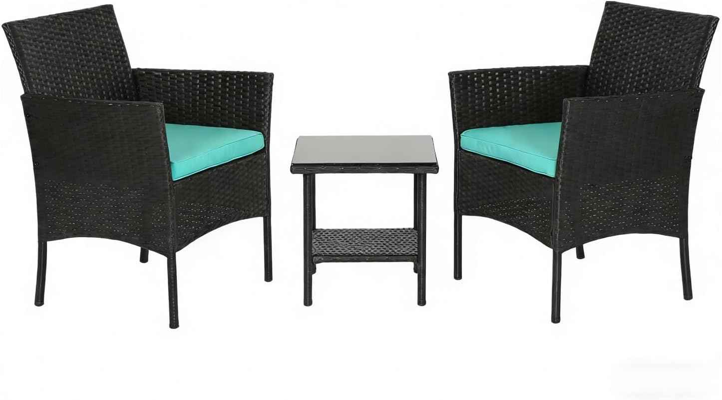 3-Piece Wicker Patio Furniture Set, Outdoor Bistro Chairs with Thick Cushions & 2-Tier Glass Storage Table for Porch Balcony