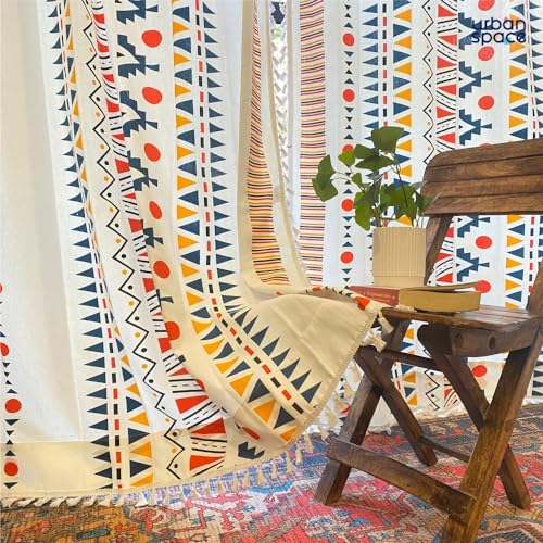 Image of Urban Space 100% Cotton Geometric Light-Filtering Curtain For Door,Boho Decorative 7 Feet Long With Eyelets & Tieback,Pack Of 2 Curtains Covers(Door,7X4Ft,Cushion Cover,16X16 Inch,Ikat Orange)